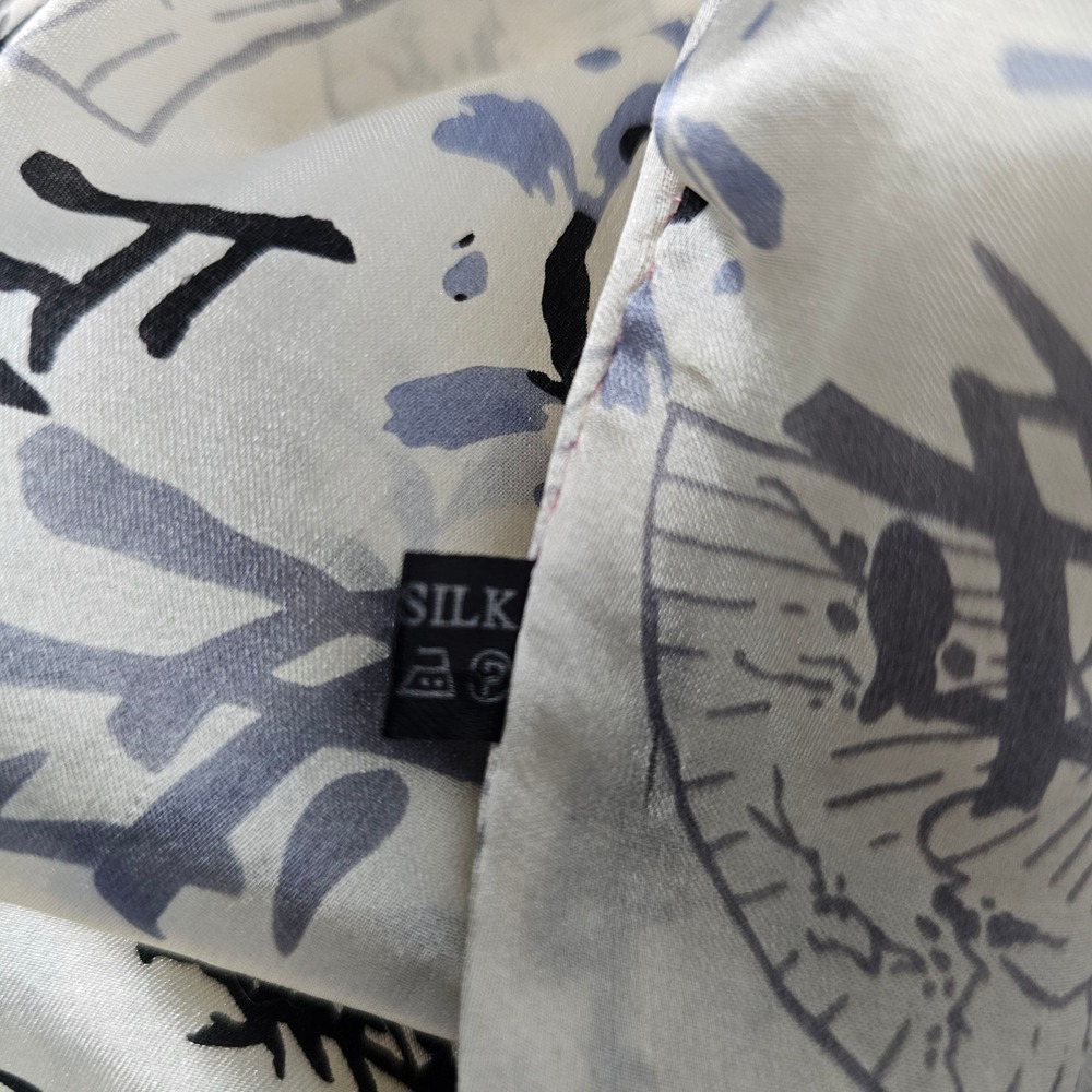 Silk Scarf Unisex Cream Black Calligraphy Fan Print Fringe Wrap Neutral Academia - Picture 6 of 9